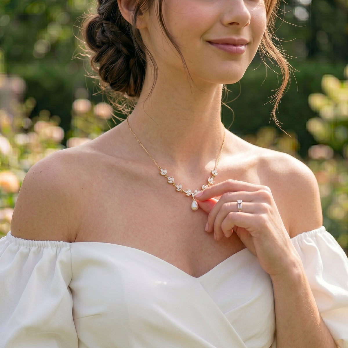Gold Leaf Freshwater Pearl Necklace | CZ Bridal Necklace & Matching Set