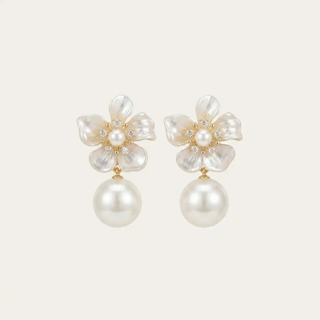 Floral Pearl Drop Earrings | Gold Bridal Jewelry