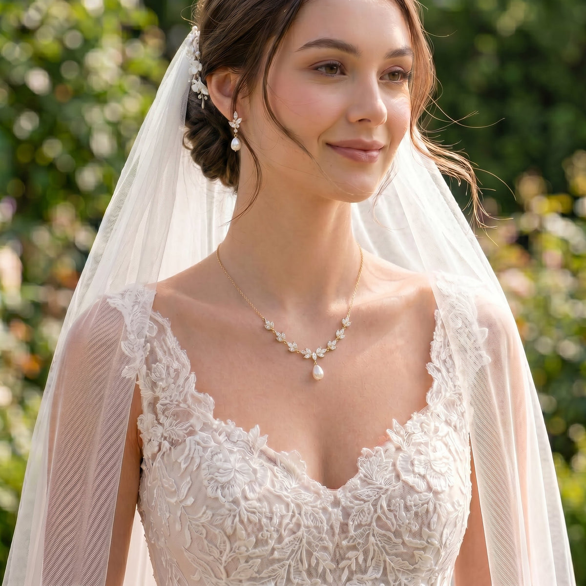 Gold Leaf Freshwater Pearl Necklace | CZ Bridal Necklace & Matching Set