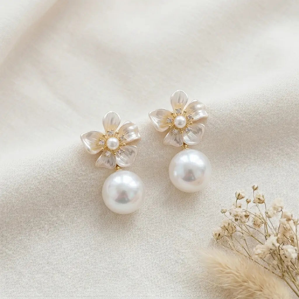 Floral Pearl Drop Earrings | Gold Bridal Jewelry