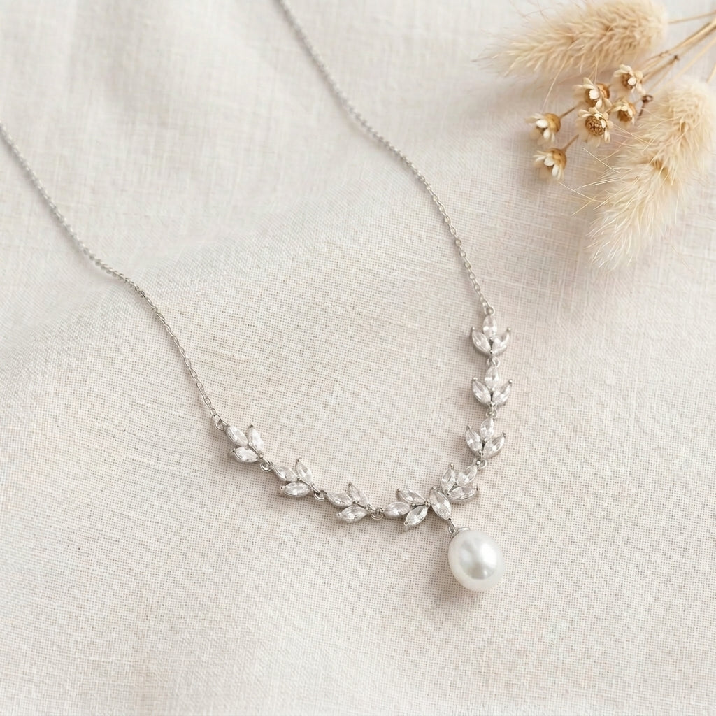 Gold Leaf Freshwater Pearl Necklace | CZ Bridal Necklace & Matching Set