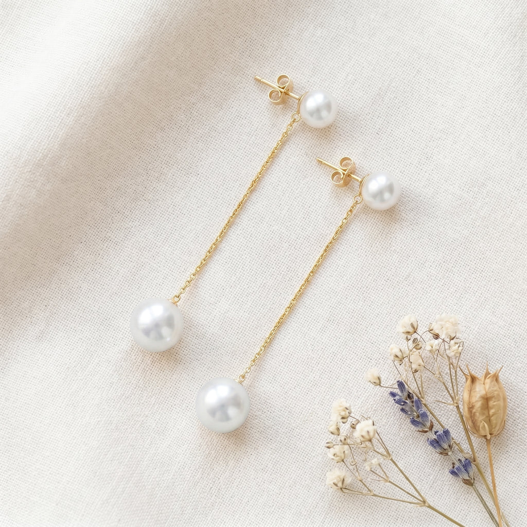 Freshwater Pearl Chain Drop Earrings in 14K Gold Plated | 925 Sterling Silver