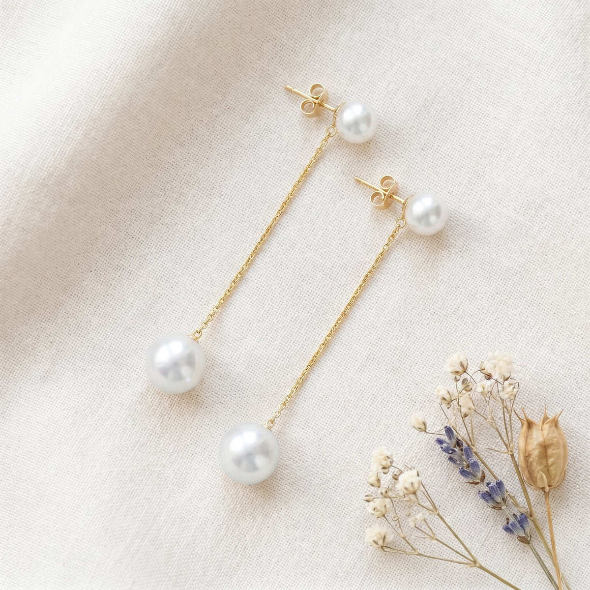 Freshwater Pearl Chain Drop Earrings in 14K Gold Plated | 925 Sterling Silver