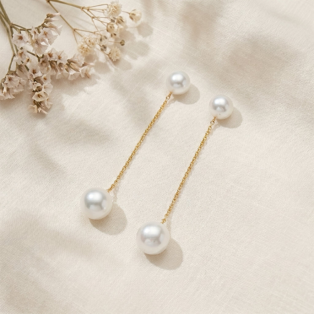 Freshwater Pearl Chain Drop Earrings in 14K Gold Plated | 925 Sterling Silver