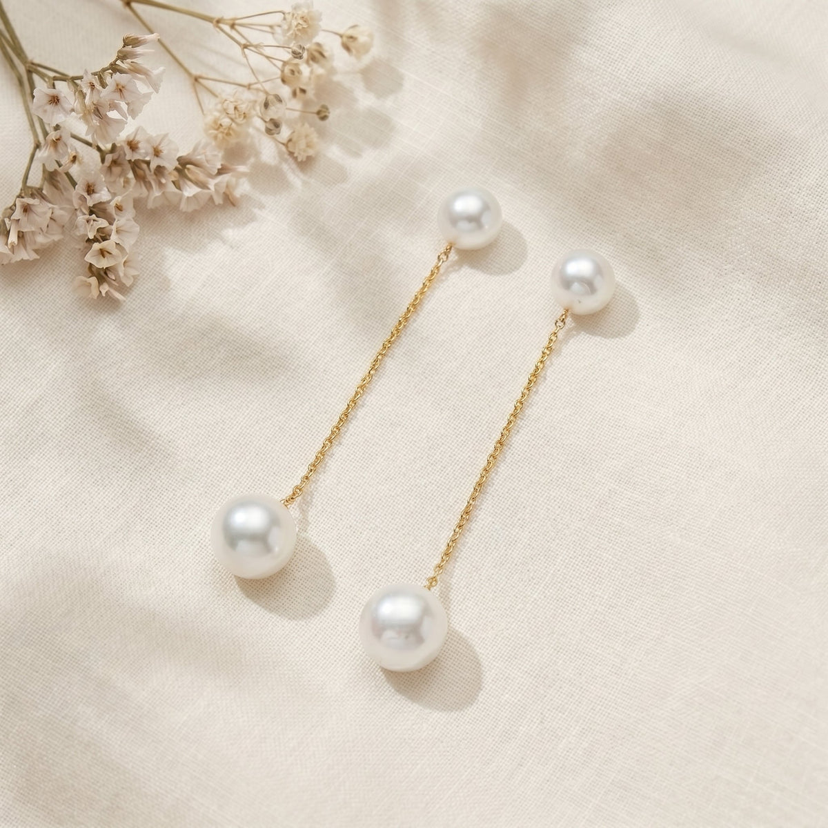 Freshwater Pearl Chain Drop Earrings in 14K Gold Plated | 925 Sterling Silver