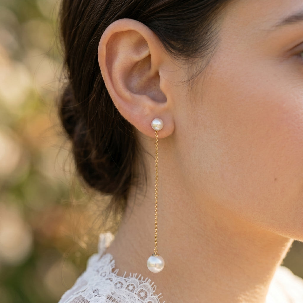 Freshwater Pearl Chain Drop Earrings in 14K Gold Plated | 925 Sterling Silver