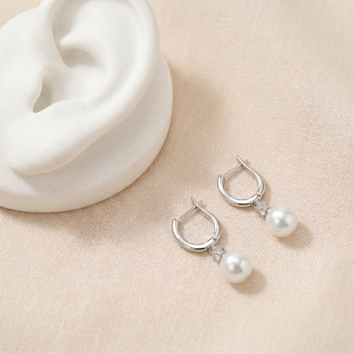 Freshwater Pearl Hoop Earrings with Zircon Charm