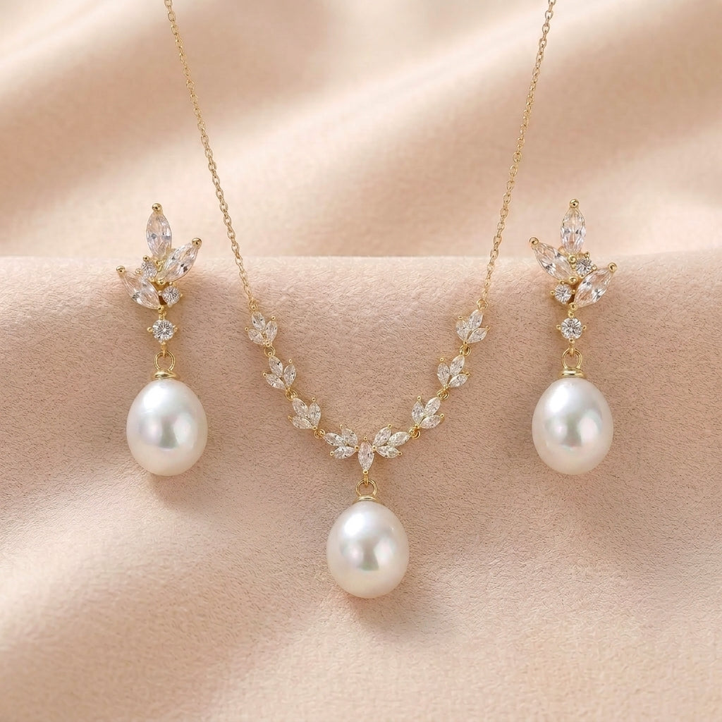 Gold Leaf Freshwater Pearl Necklace | CZ Bridal Necklace & Matching Set