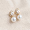 Freshwater Pearl Drop Earrings with Zircon Halo & Silver Needle