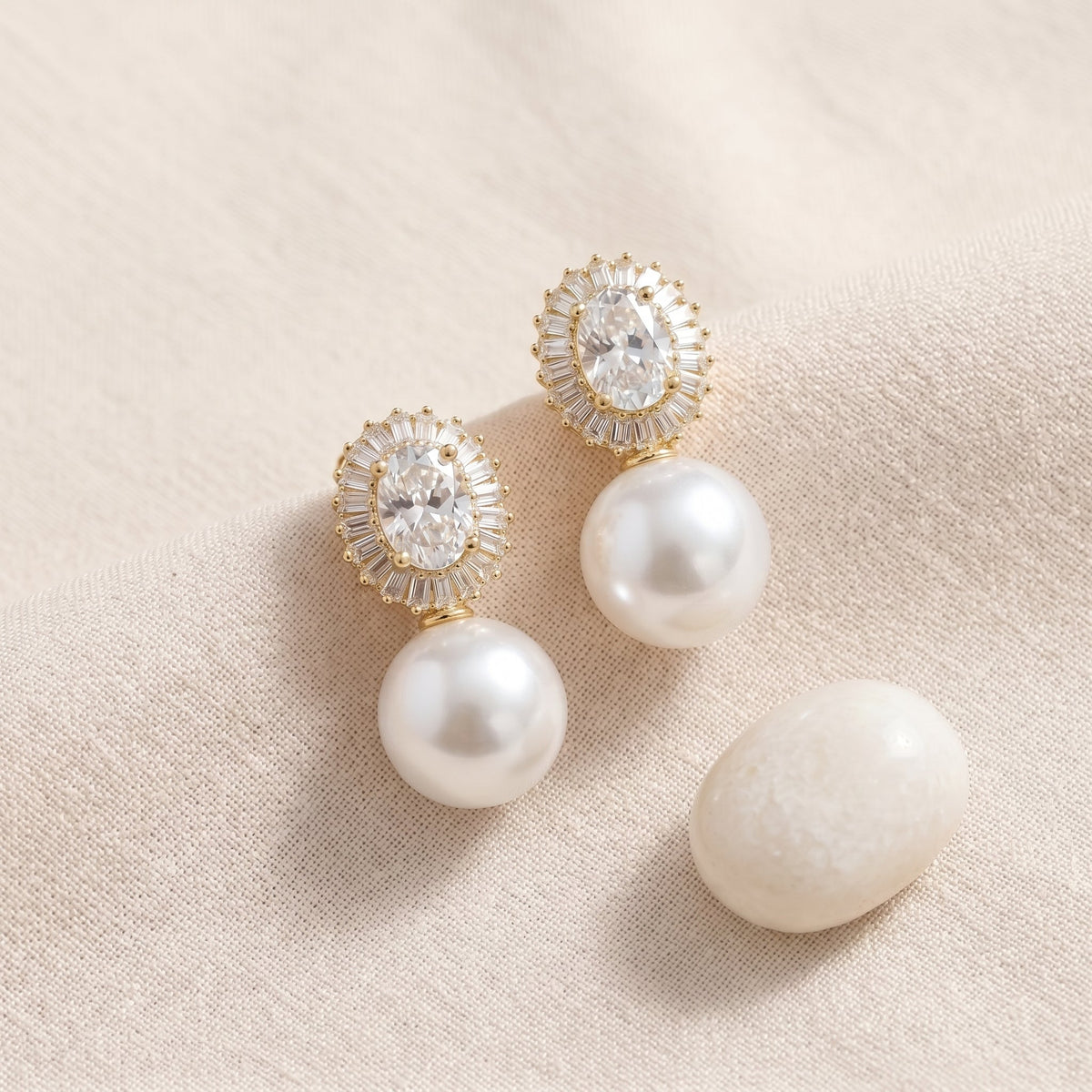 Freshwater Pearl Drop Earrings with Zircon Halo & Silver Needle