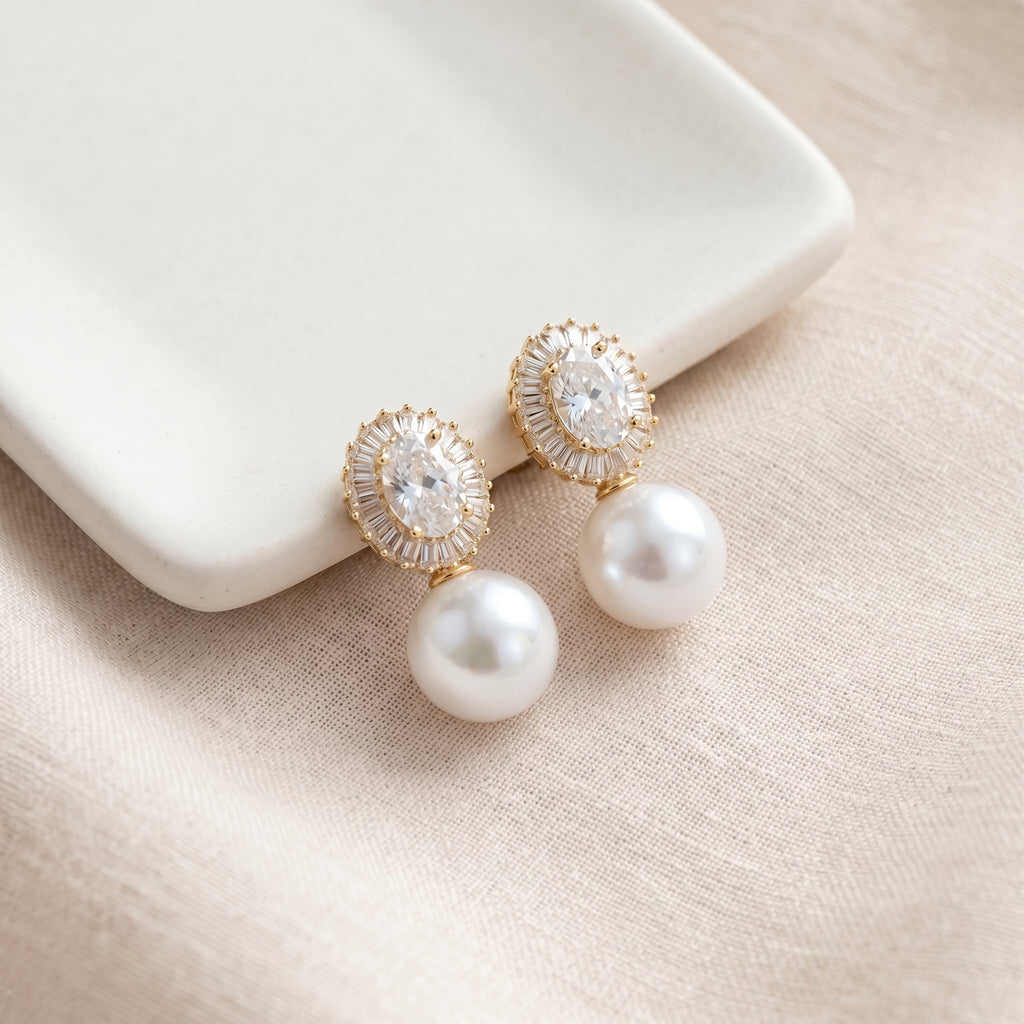 Freshwater Pearl Drop Earrings with Zircon Halo & Silver Needle