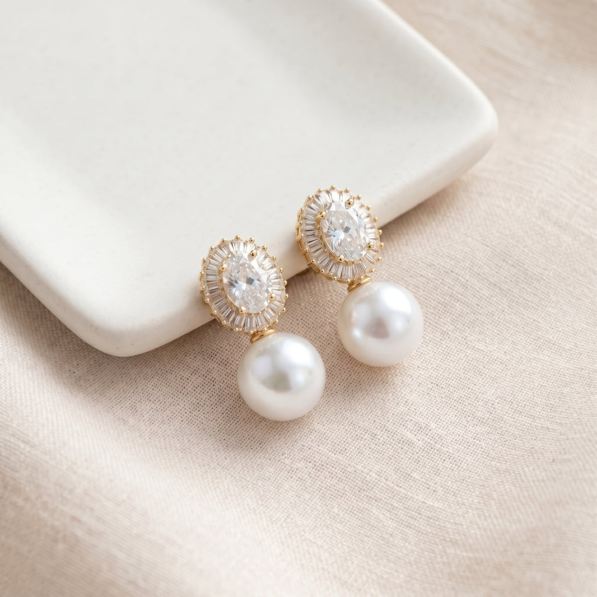 Freshwater Pearl Drop Earrings with Zircon Halo & Silver Needle