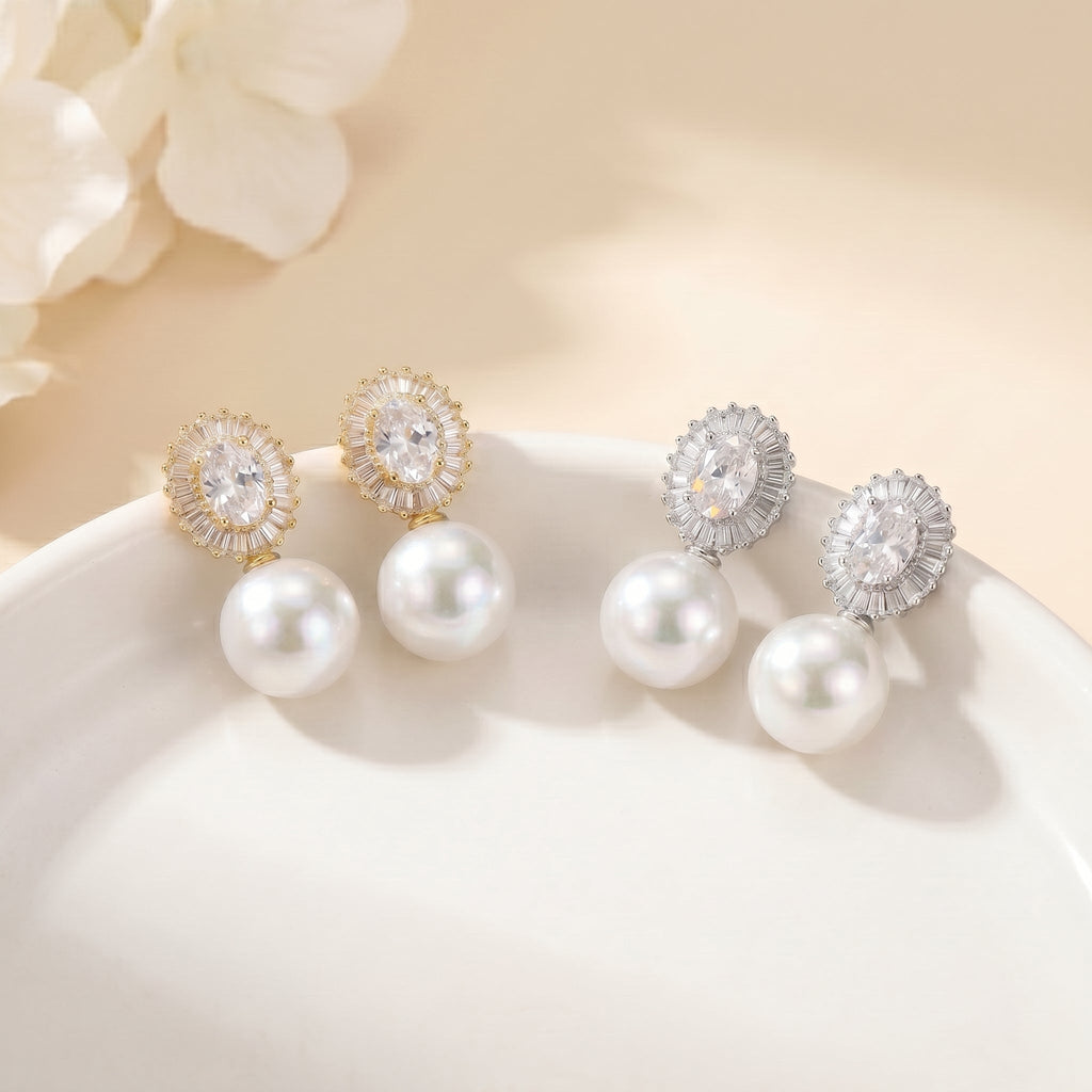 Freshwater Pearl Drop Earrings with Zircon Halo & Silver Needle