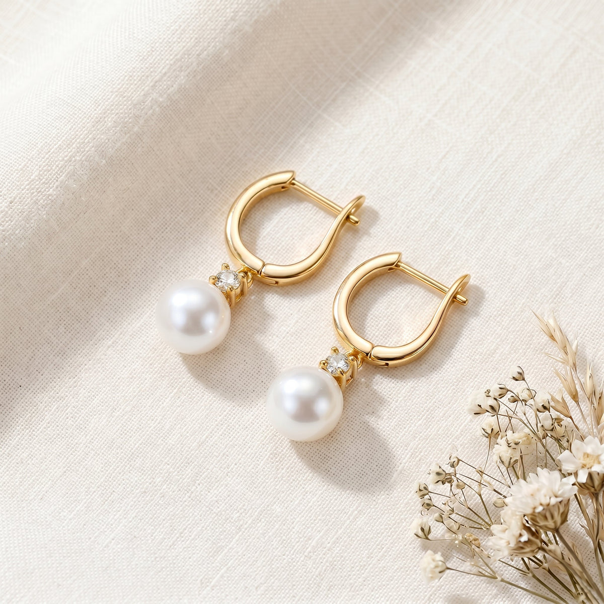 Freshwater Pearl Hoop Earrings with Zircon Charm