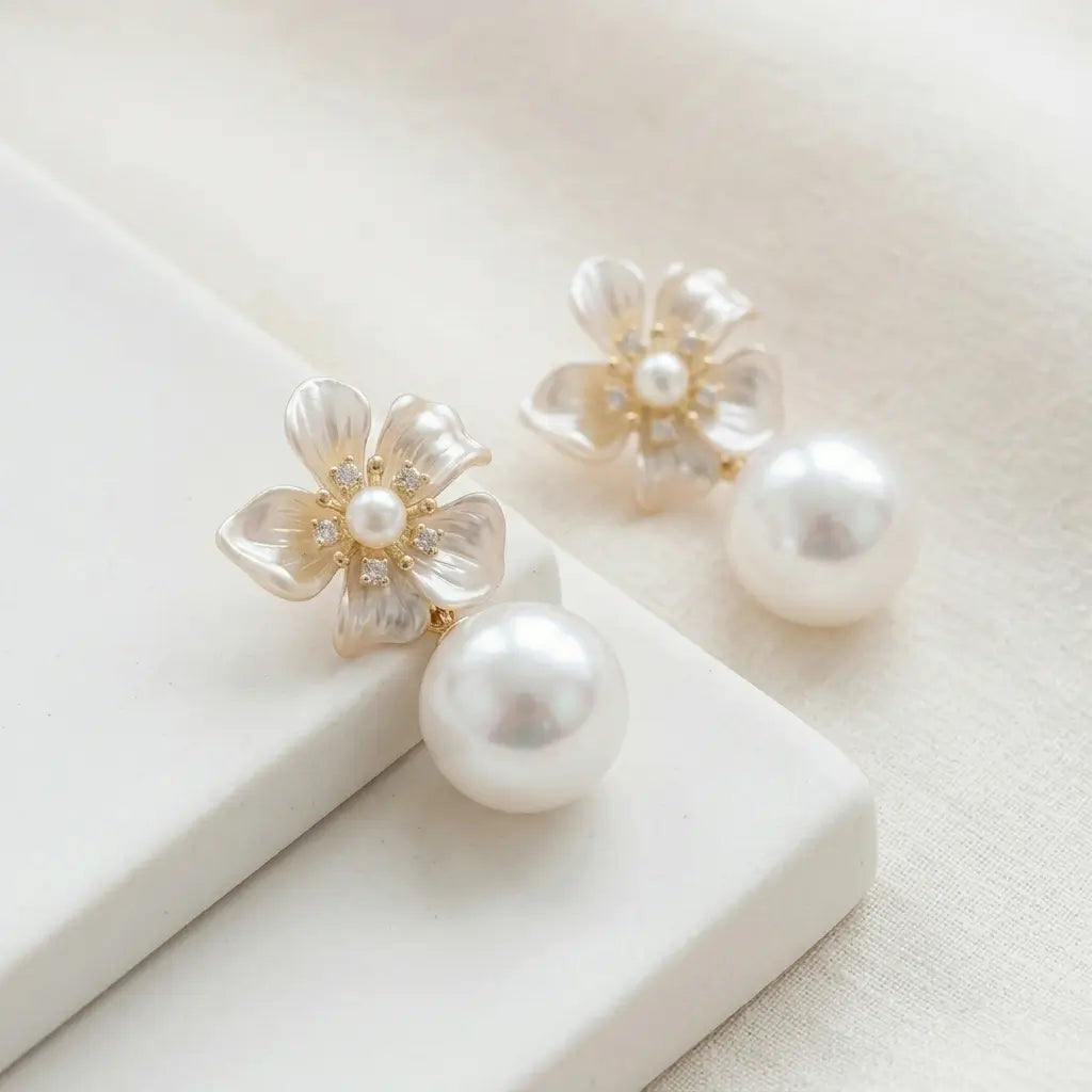 Floral Pearl Drop Earrings | Gold Bridal Jewelry