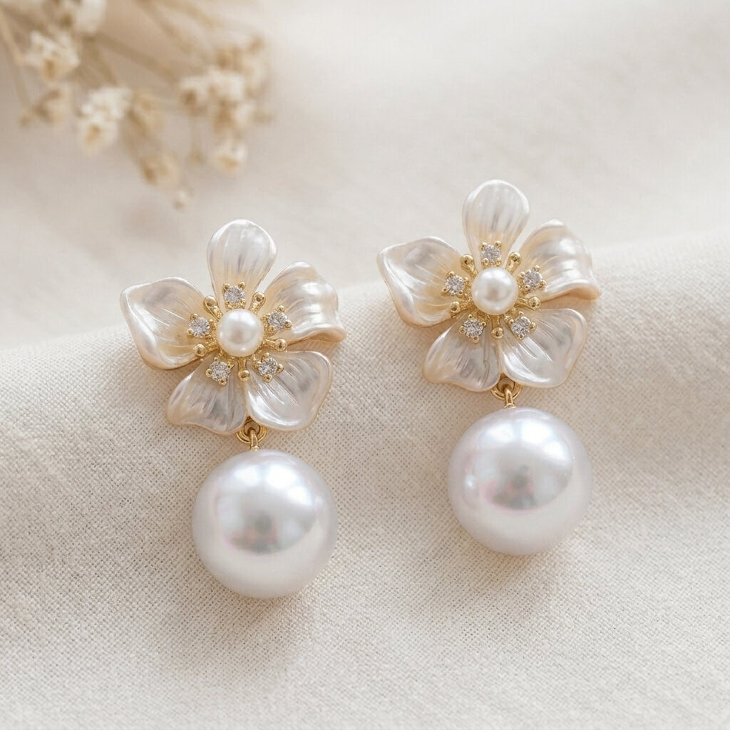 Floral Pearl Drop Earrings | Gold Bridal Jewelry