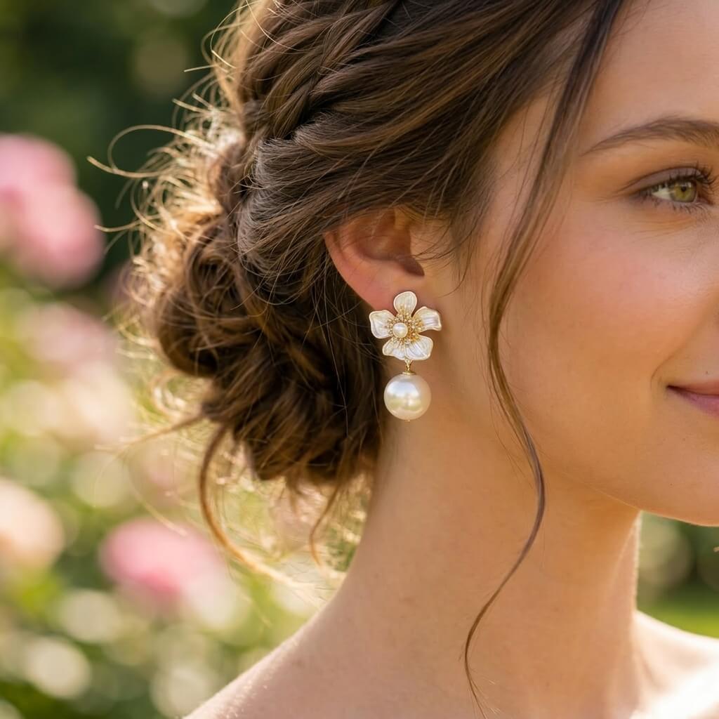 Floral Pearl Drop Earrings | Gold Bridal Jewelry