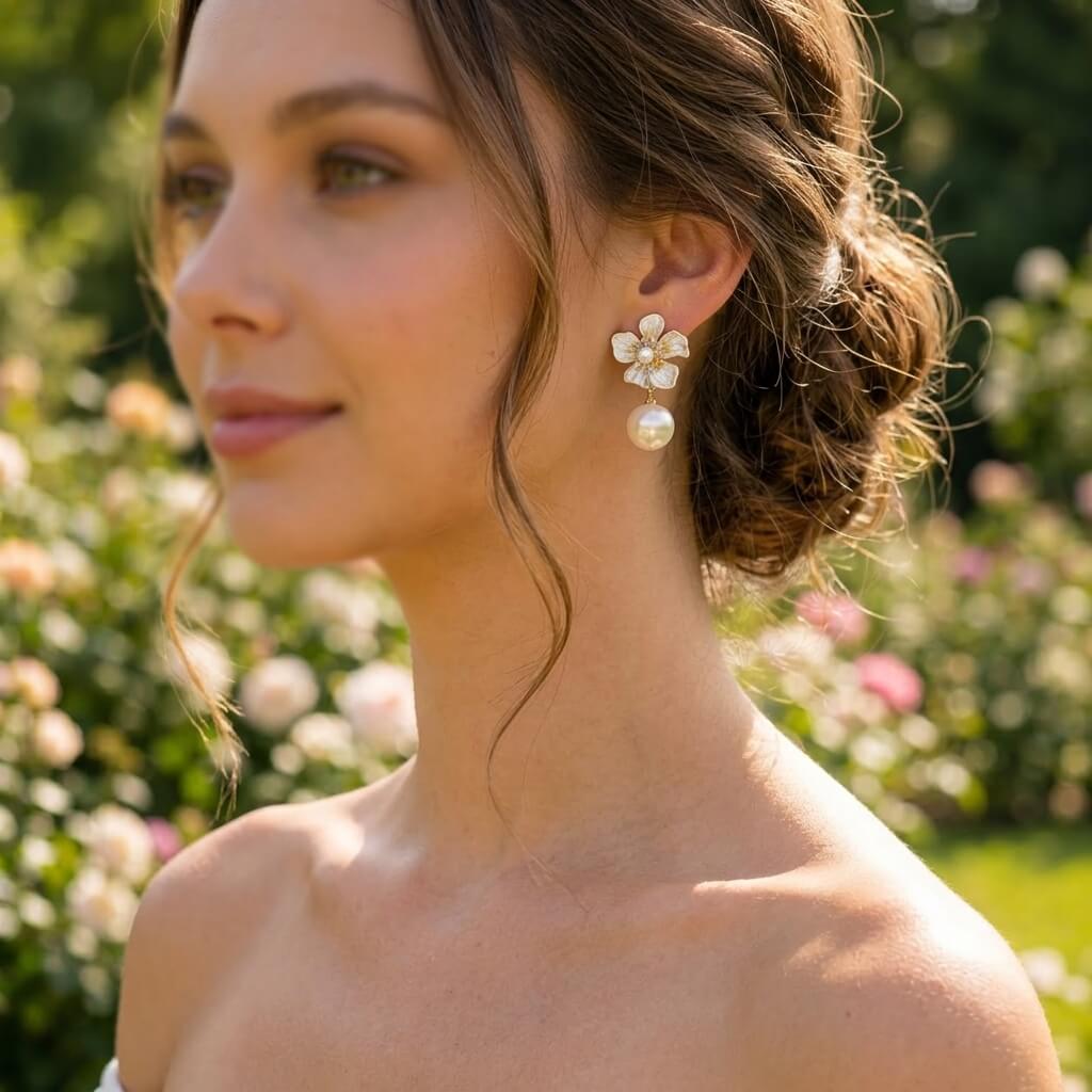 Floral Pearl Drop Earrings | Gold Bridal Jewelry