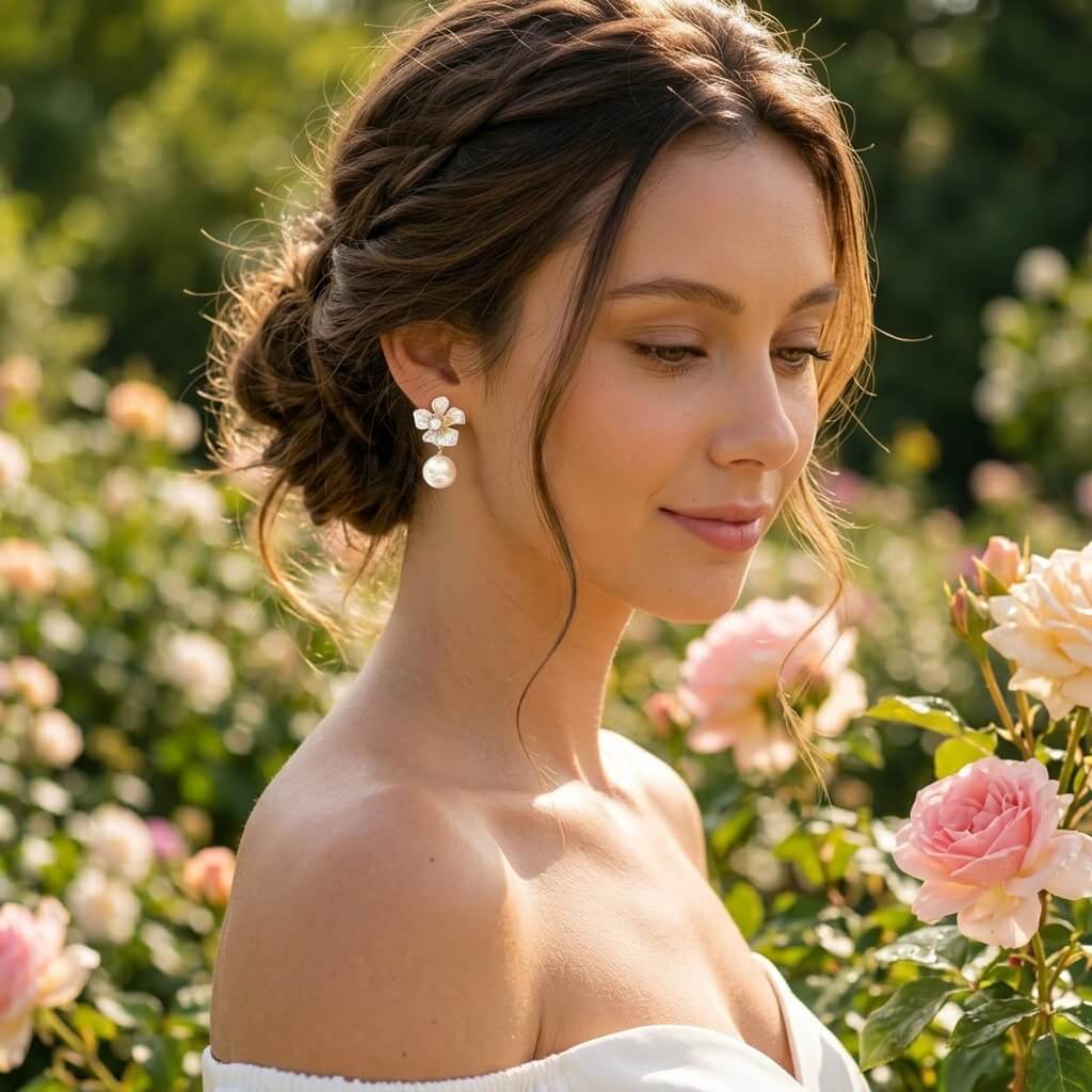 Floral Pearl Drop Earrings | Gold Bridal Jewelry