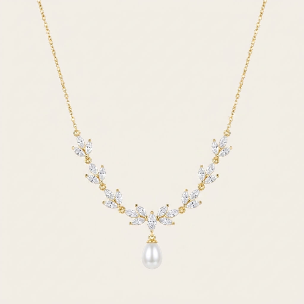 Gold Leaf Freshwater Pearl Necklace | CZ Bridal Necklace & Matching Set