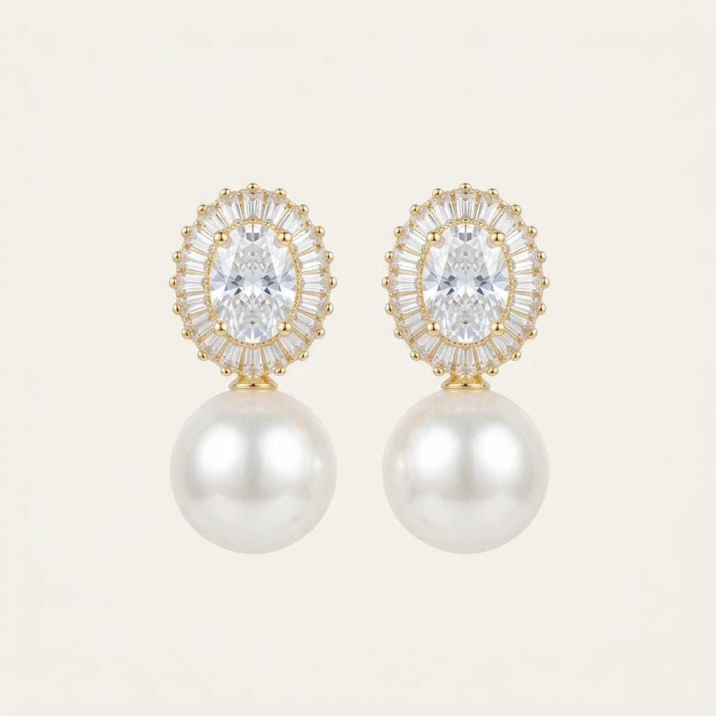 Freshwater Pearl Drop Earrings with Zircon Halo & Silver Needle