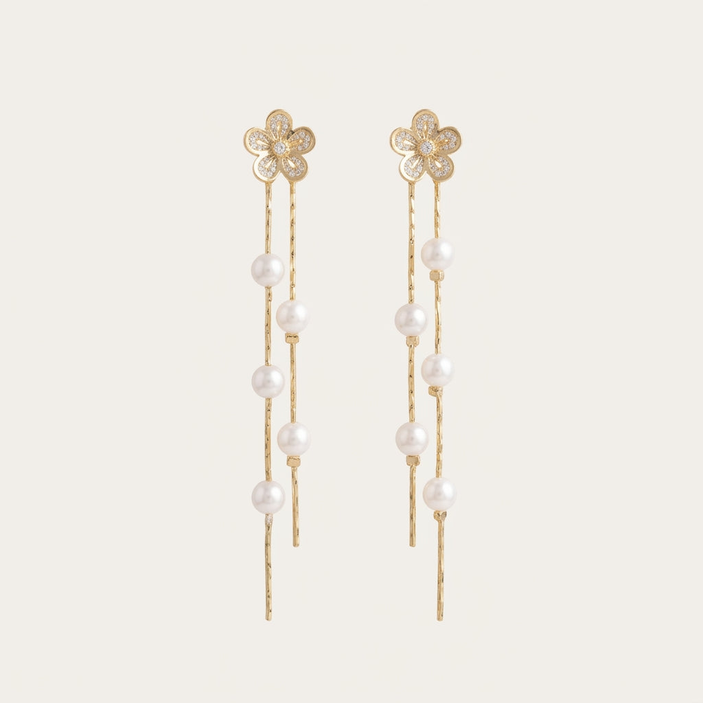 Floral CZ Freshwater Pearl Drop Earrings | Romantic Bridal Jewelry, Gold Plated Dainty Wedding Earrings