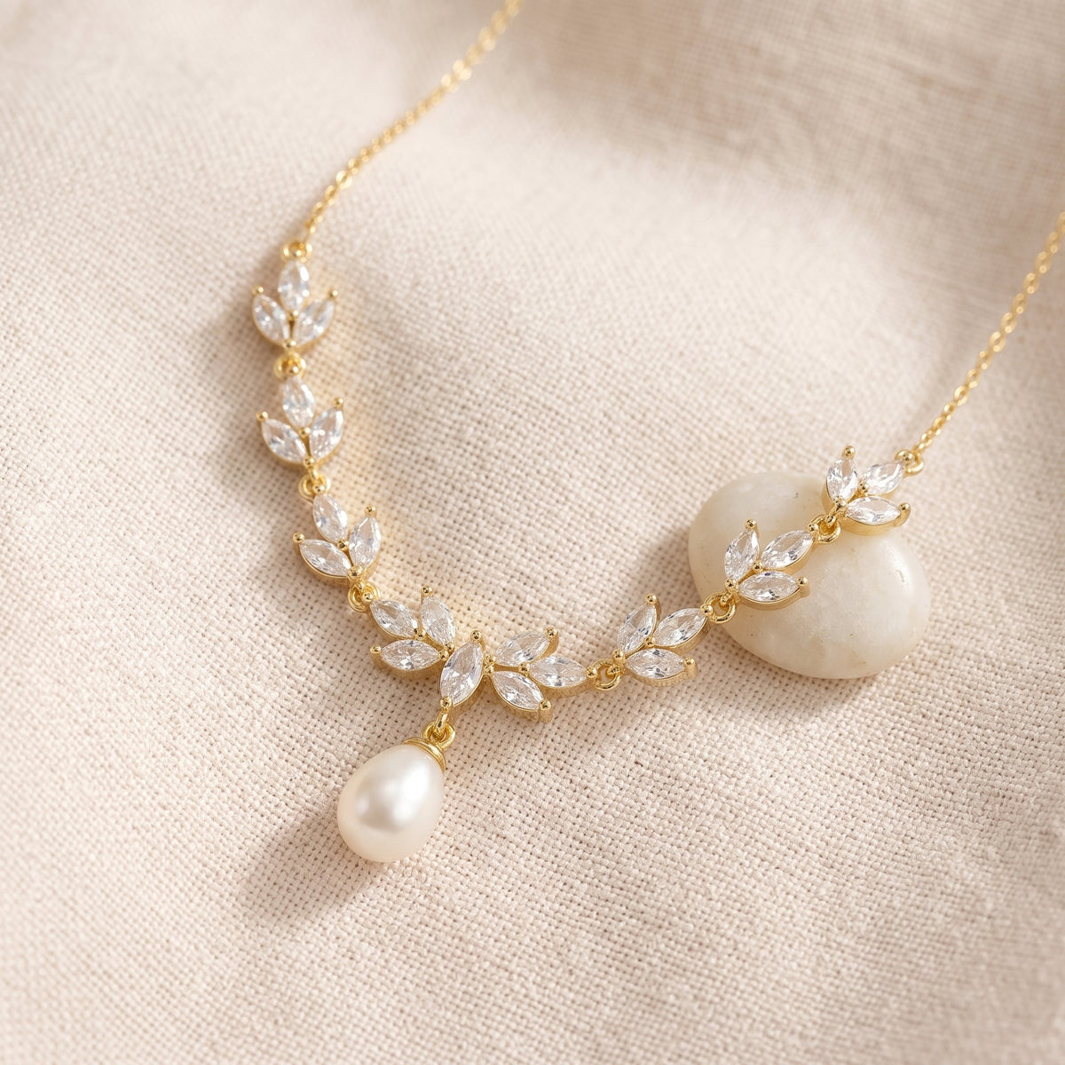 Gold Leaf Freshwater Pearl Necklace | CZ Bridal Necklace & Matching Set