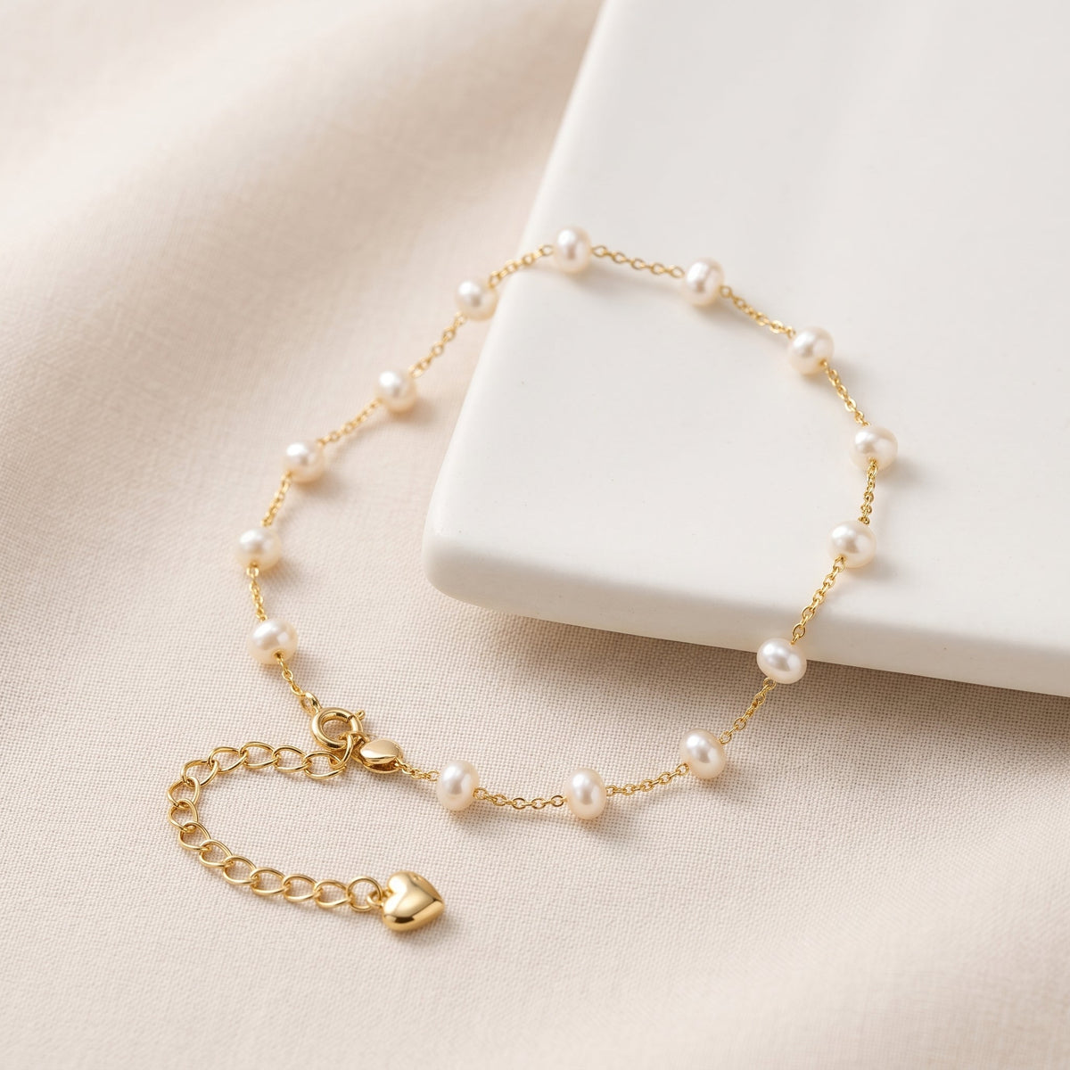 Dainty Natural Pearl Station Bracelet in 14K Gold Plated