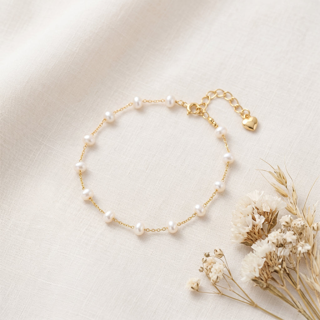 Dainty Natural Pearl Station Bracelet in 14K Gold Plated
