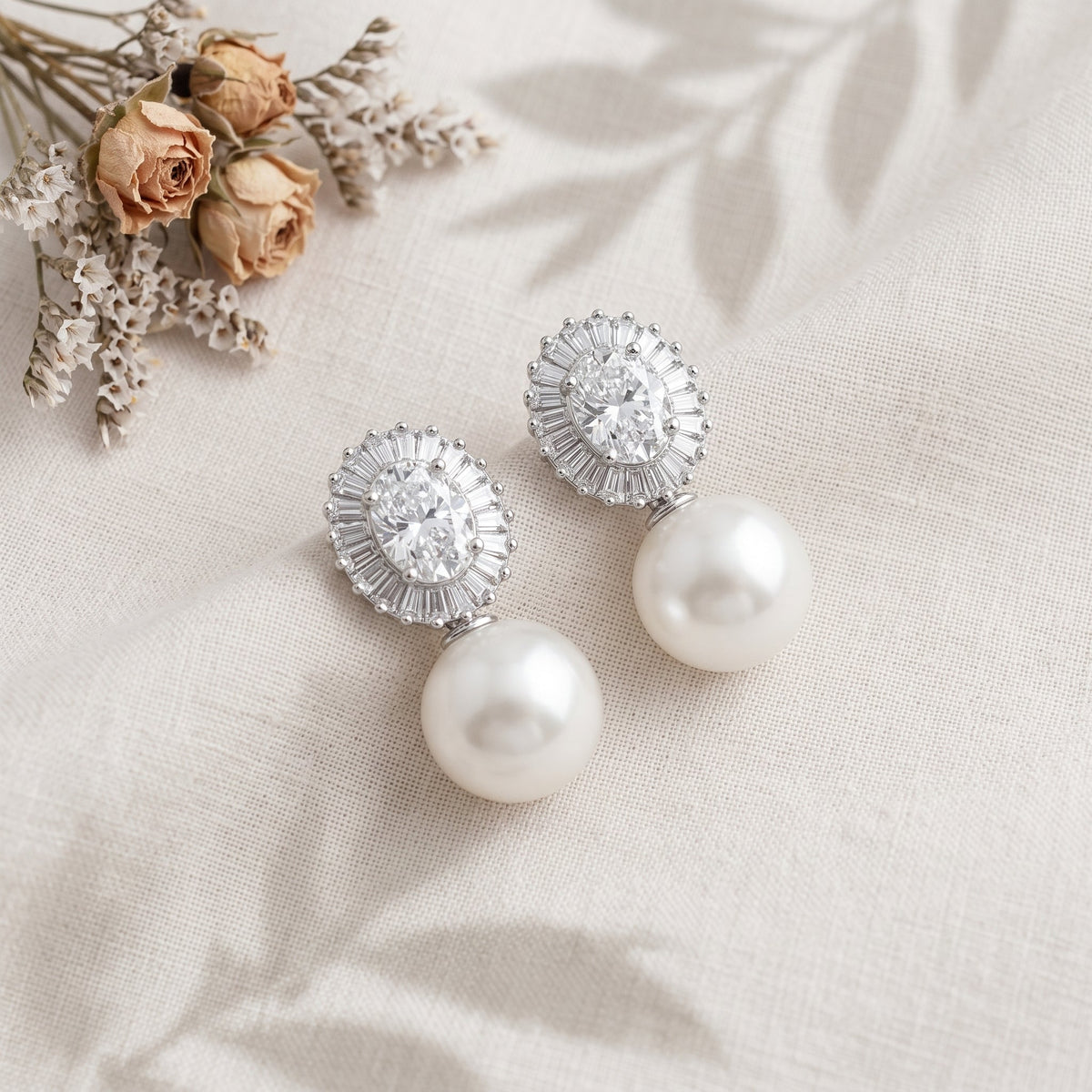 Freshwater Pearl Drop Earrings with Zircon Halo & Silver Needle