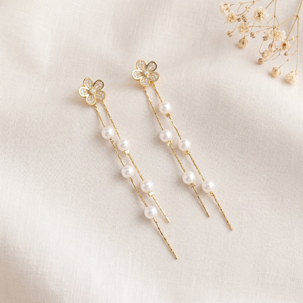 Floral CZ Freshwater Pearl Drop Earrings | Romantic Bridal Jewelry, Gold Plated Dainty Wedding Earrings