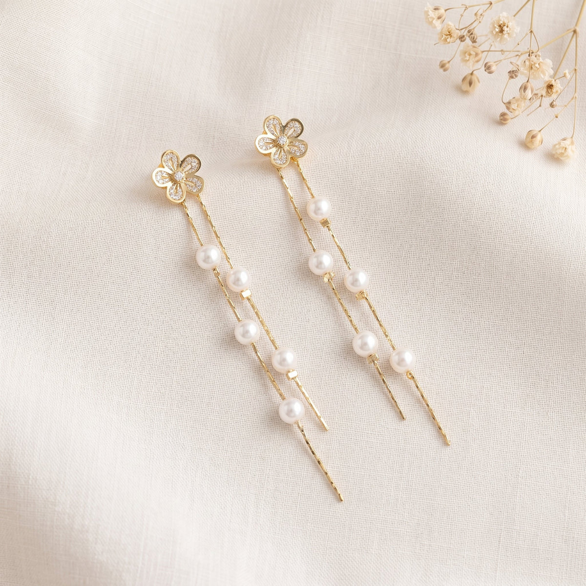 Floral CZ Freshwater Pearl Drop Earrings | Romantic Bridal Jewelry, Gold Plated Dainty Wedding Earrings