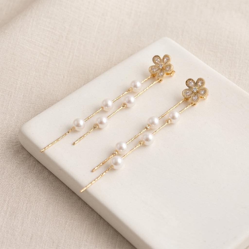 Floral CZ Freshwater Pearl Drop Earrings | Romantic Bridal Jewelry, Gold Plated Dainty Wedding Earrings