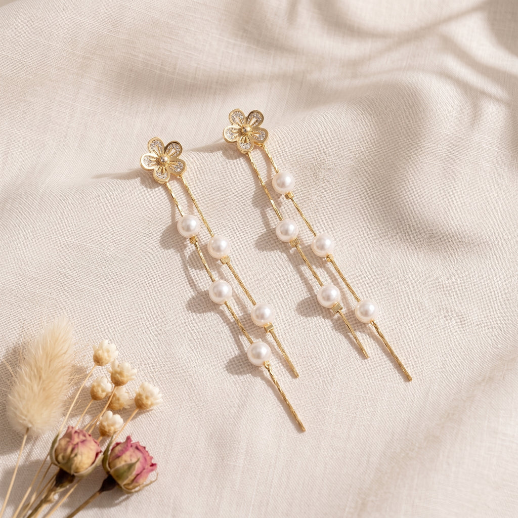 Floral CZ Freshwater Pearl Drop Earrings | Romantic Bridal Jewelry, Gold Plated Dainty Wedding Earrings