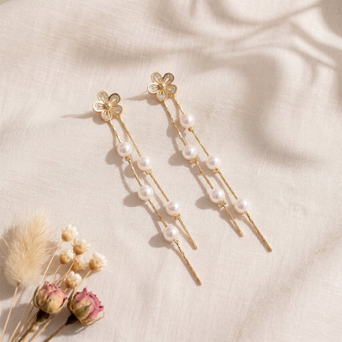 Floral CZ Freshwater Pearl Drop Earrings | Romantic Bridal Jewelry, Gold Plated Dainty Wedding Earrings