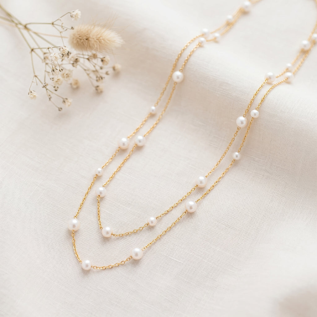 Double Layer Natural Pearl Necklace in 925 Sterling Silver