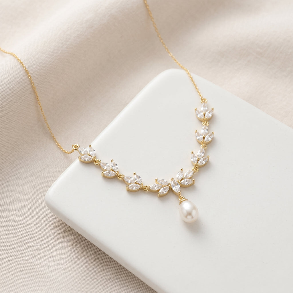 Gold Leaf Freshwater Pearl Necklace | CZ Bridal Necklace & Matching Set