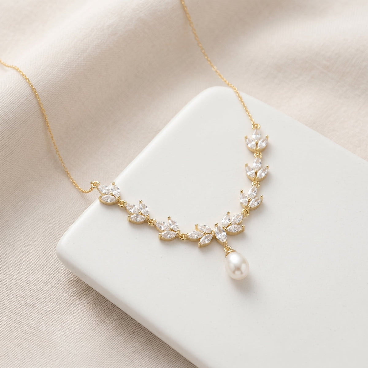 Gold Leaf Freshwater Pearl Necklace | CZ Bridal Necklace & Matching Set