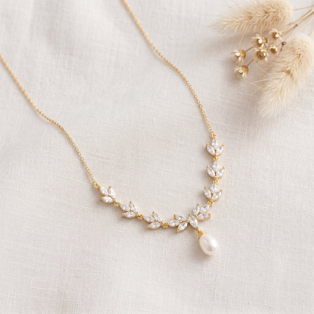 Gold Leaf Freshwater Pearl Necklace | CZ Bridal Necklace & Matching Set