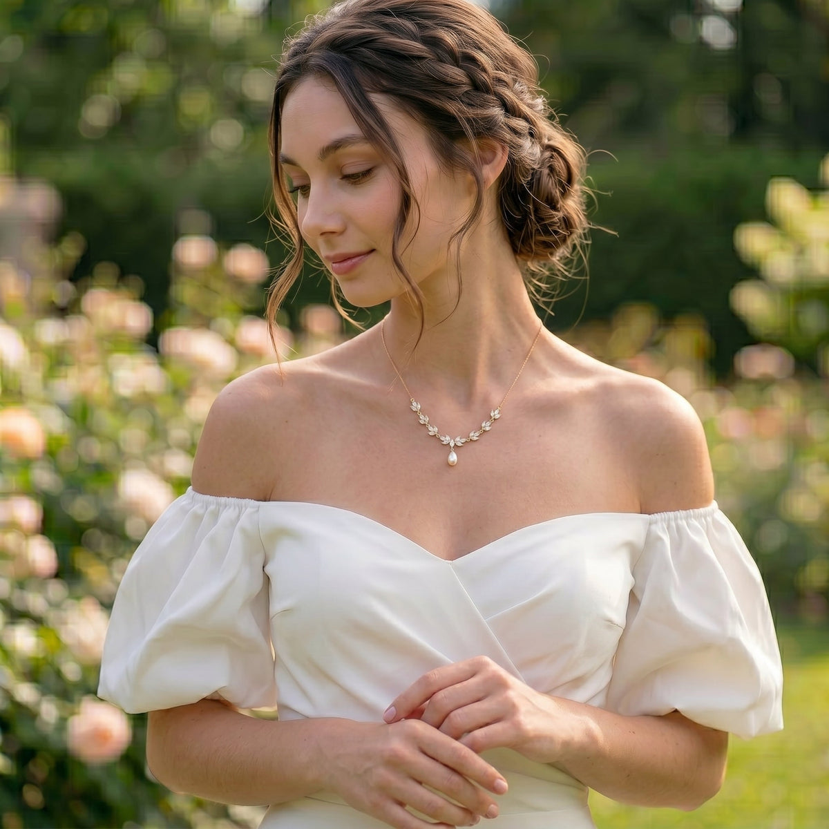 Gold Leaf Freshwater Pearl Necklace | CZ Bridal Necklace & Matching Set
