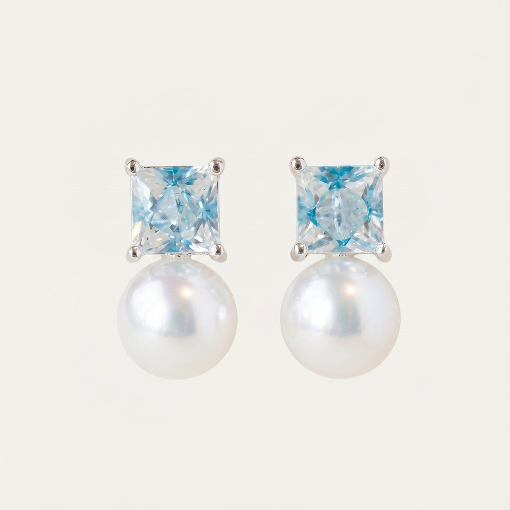 Freshwater Pearl & Zircon Stud Earrings with Silver Needle