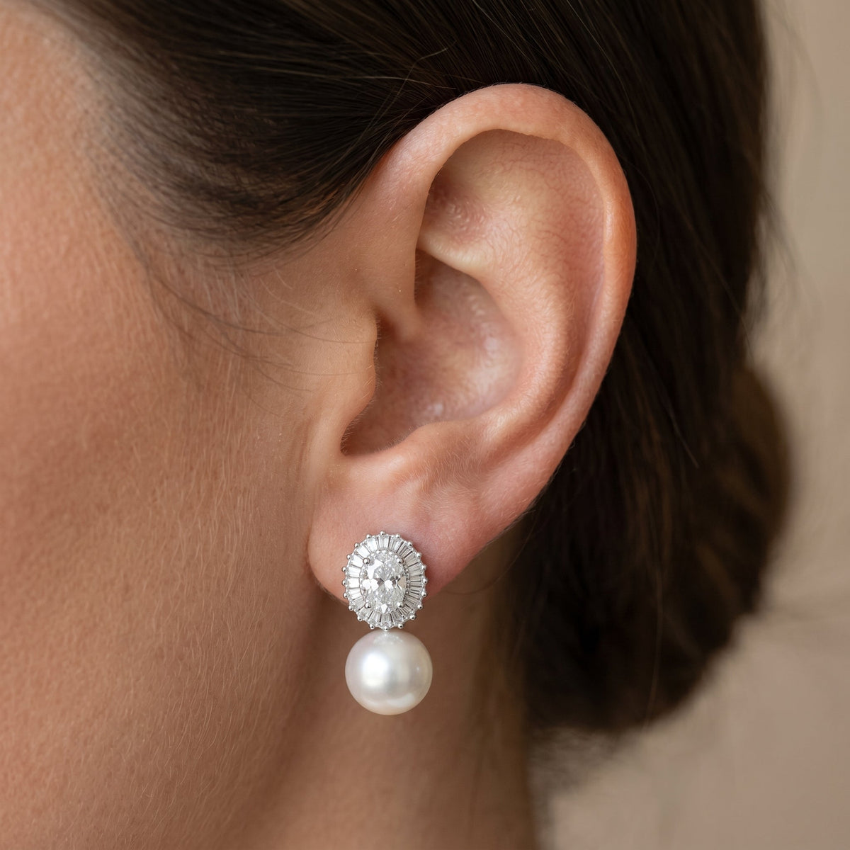 Freshwater Pearl Drop Earrings with Zircon Halo & Silver Needle