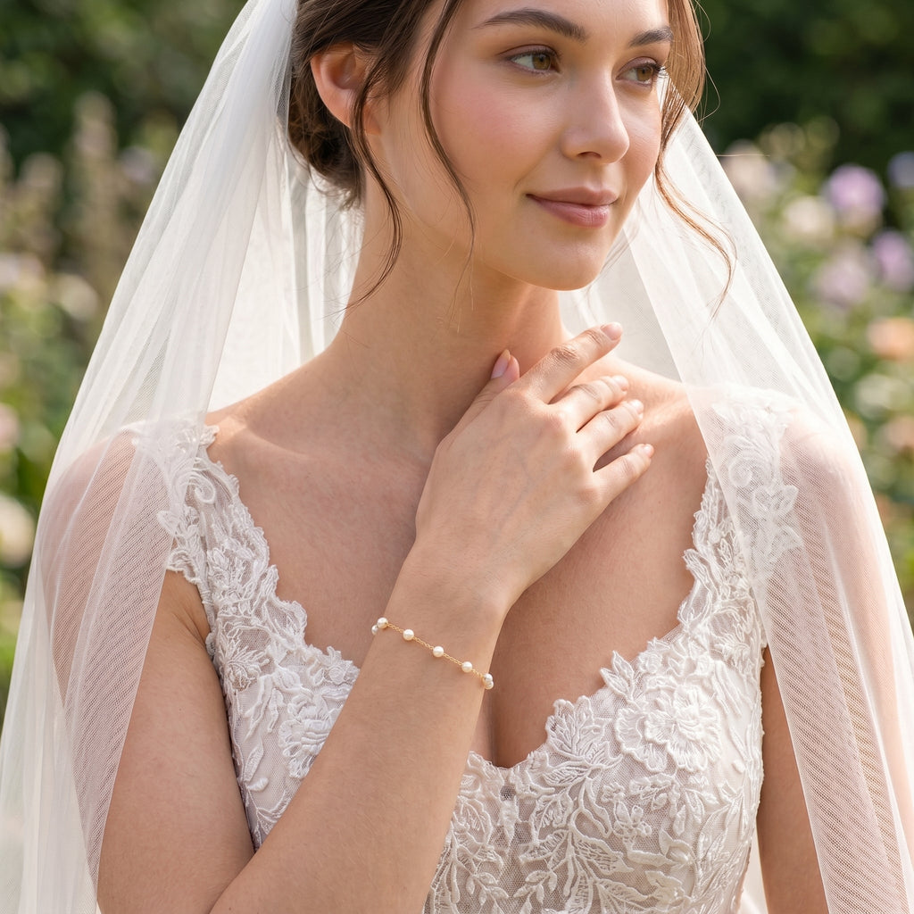 Dainty Natural Pearl Station Bracelet in 14K Gold Plated