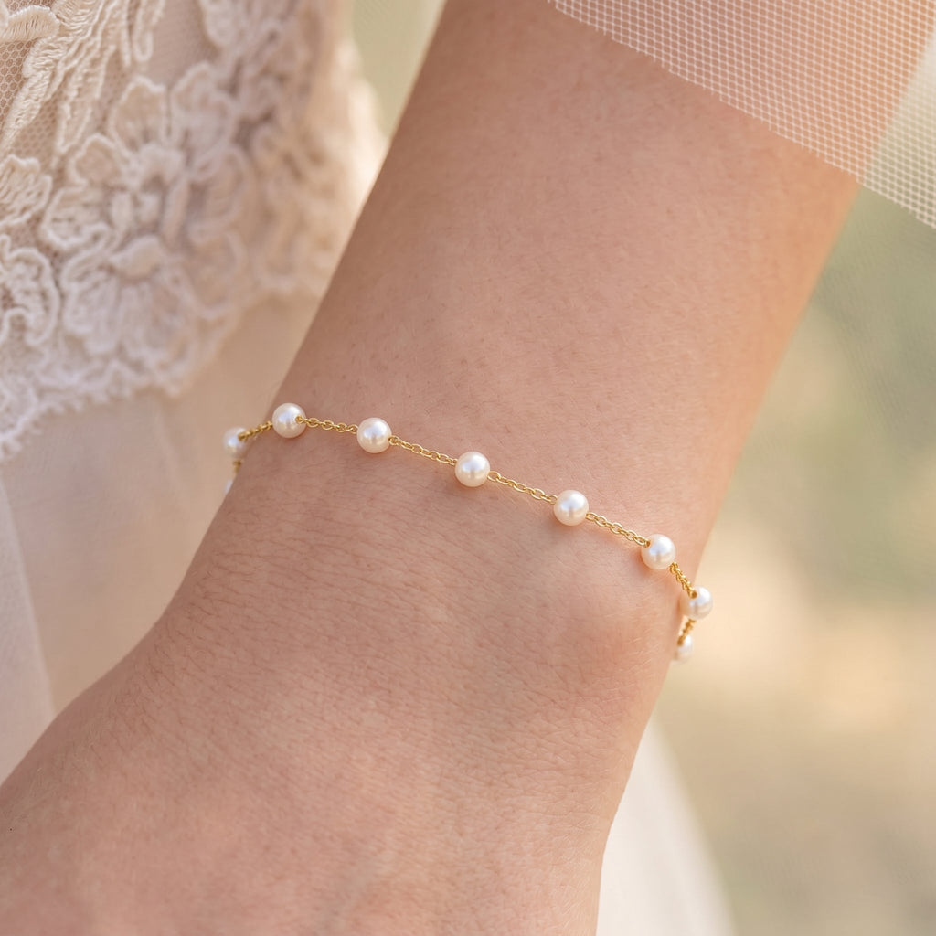 Dainty Natural Pearl Station Bracelet in 14K Gold Plated