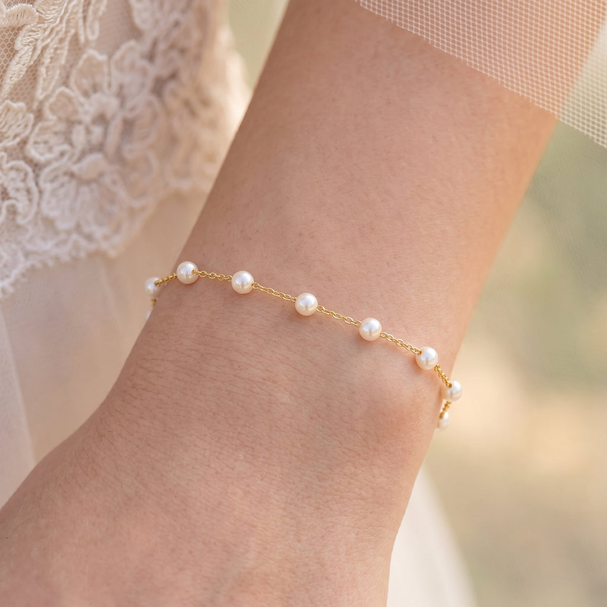 Dainty Natural Pearl Station Bracelet in 14K Gold Plated