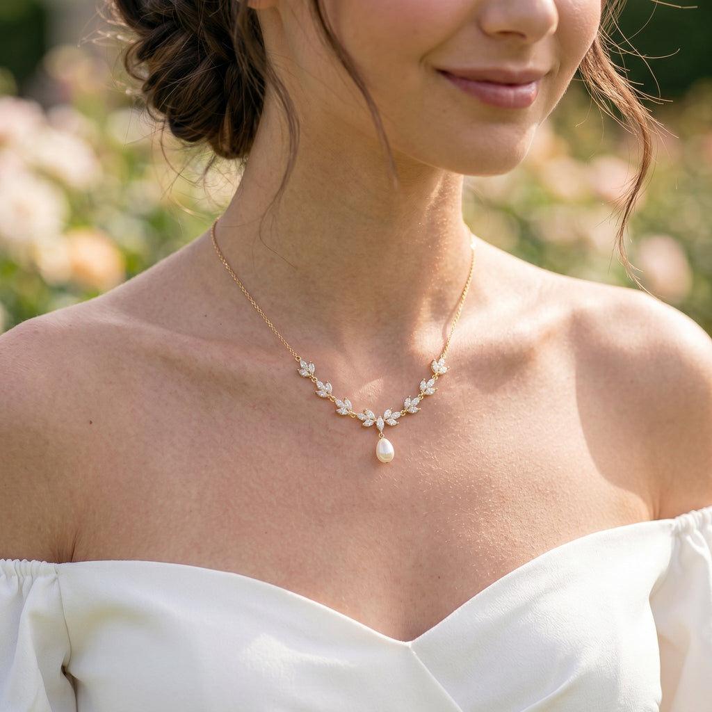 Gold Leaf Freshwater Pearl Necklace | CZ Bridal Necklace & Matching Set