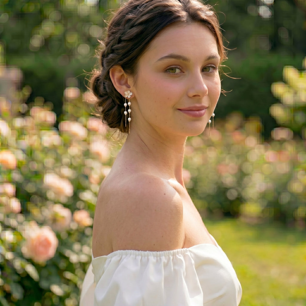 Floral CZ Freshwater Pearl Drop Earrings | Romantic Bridal Jewelry, Gold Plated Dainty Wedding Earrings