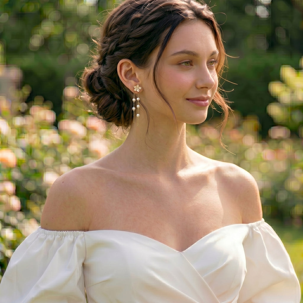 Floral CZ Freshwater Pearl Drop Earrings | Romantic Bridal Jewelry, Gold Plated Dainty Wedding Earrings
