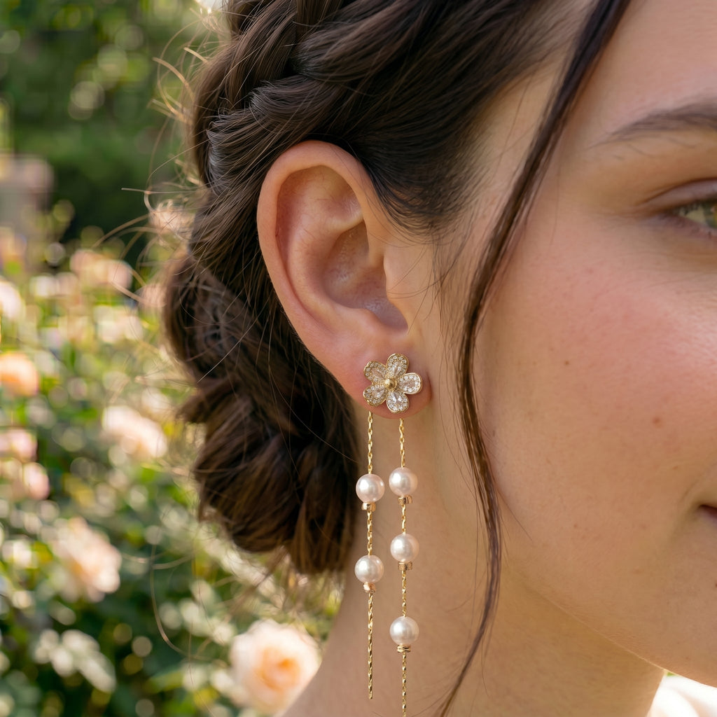 Floral CZ Freshwater Pearl Drop Earrings | Romantic Bridal Jewelry, Gold Plated Dainty Wedding Earrings