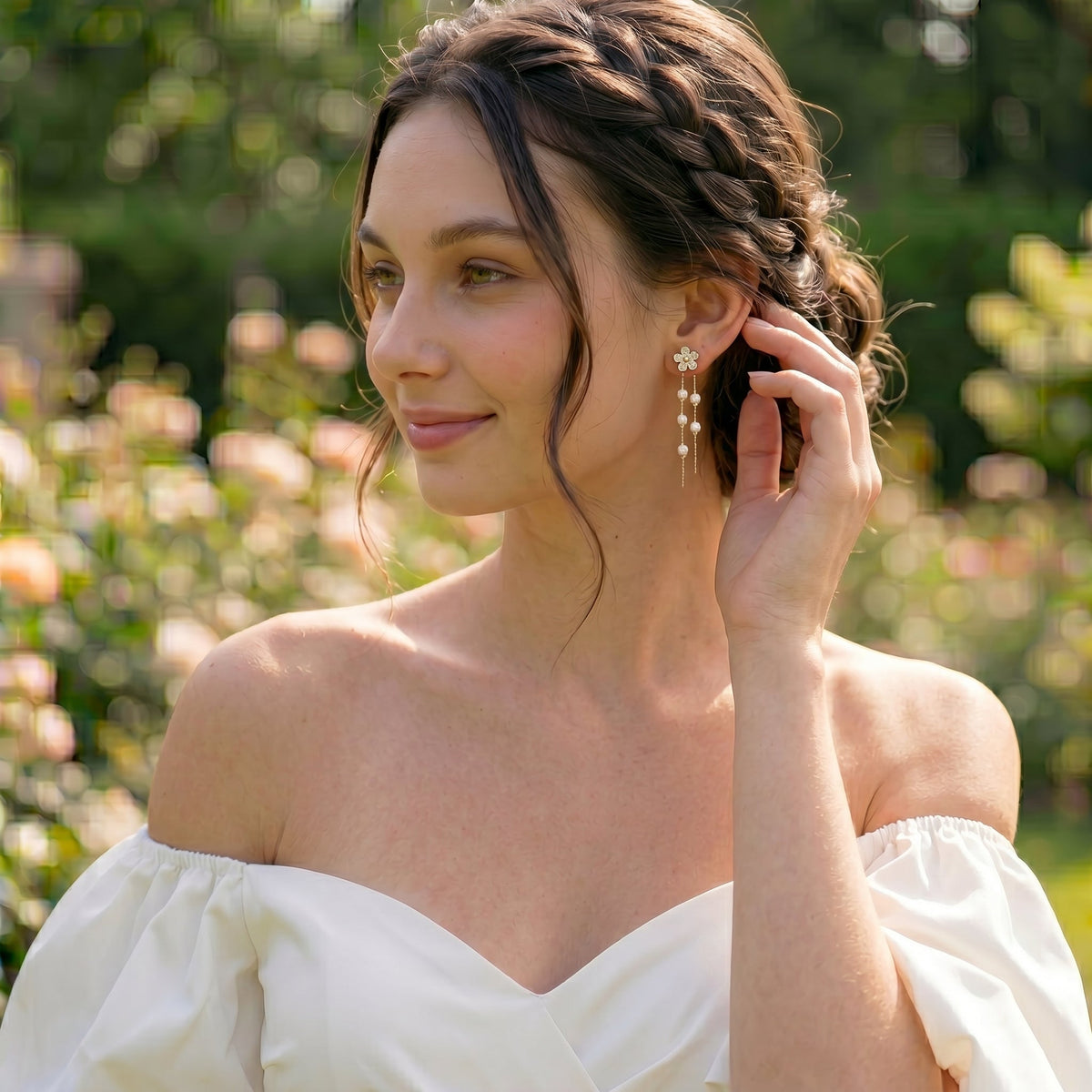Floral CZ Freshwater Pearl Drop Earrings | Romantic Bridal Jewelry, Gold Plated Dainty Wedding Earrings